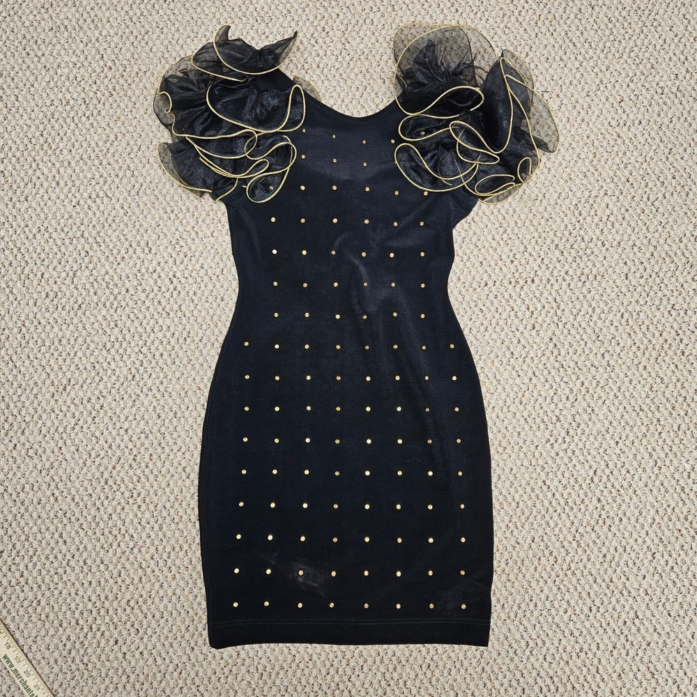 VTG Tadashi Black Bodycon Dress Gold Studs 80's Ruffle Shoulder Womens Medium